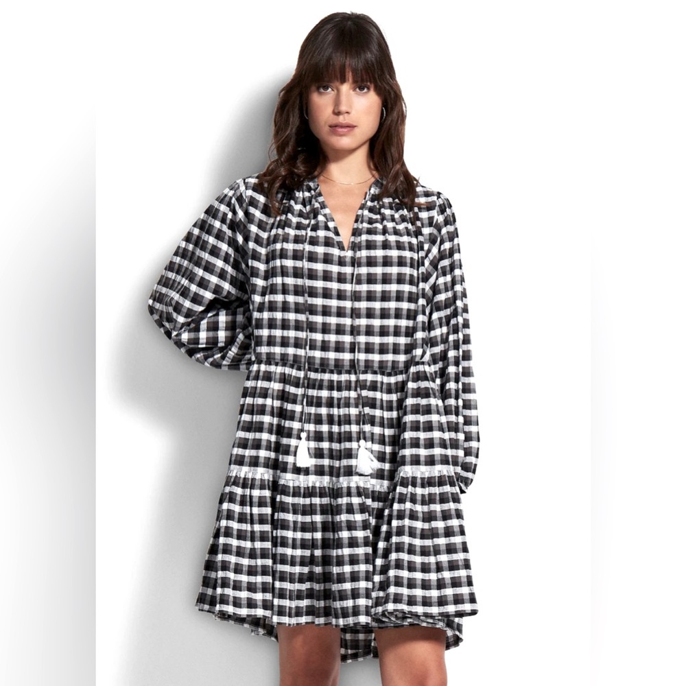 Seafolly Portofino Black White Gingham Cotton Tiered Mini Dress Tassel M/L